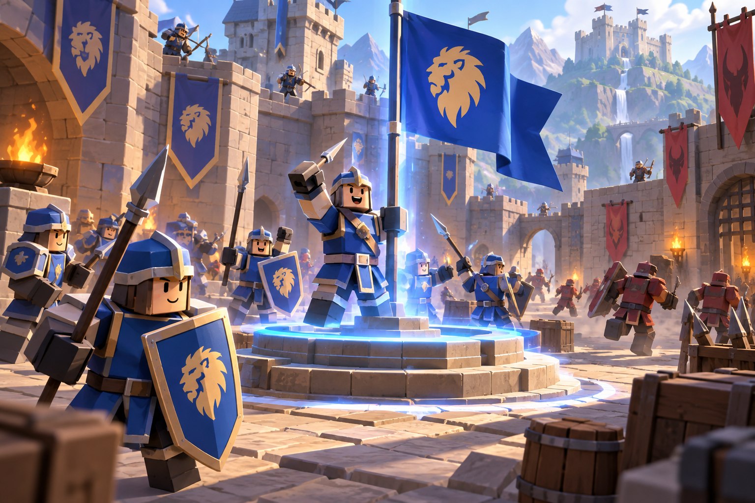 Shield wall and spearmen fighting around a capture point