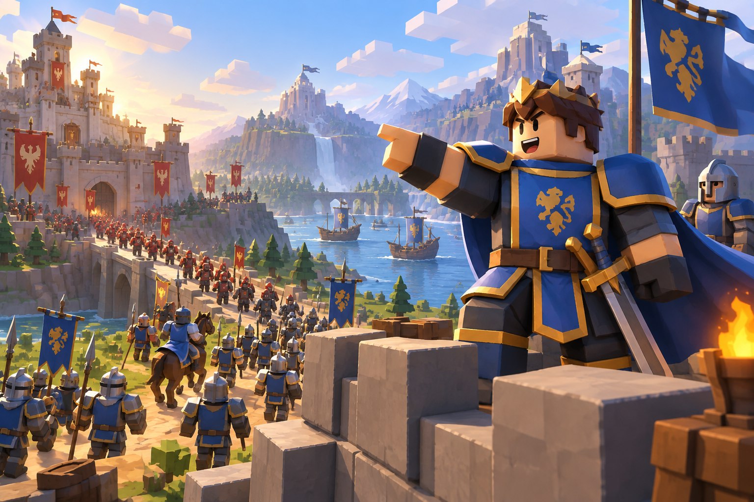 Blue and red troop formations converging on a capture banner outside a sandstone fortress