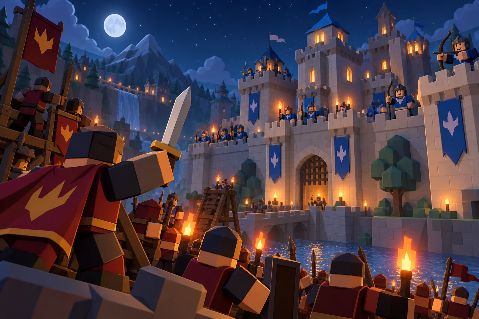 Archers defending a fortress during a night siege