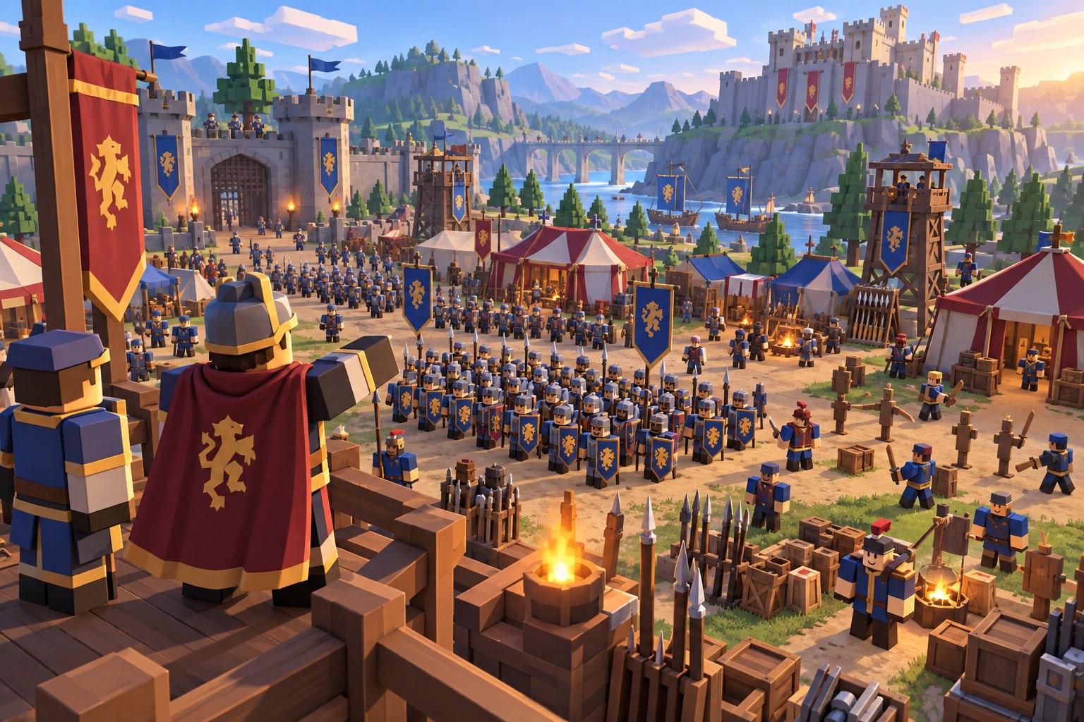 Fortified riverside army camp at sunrise