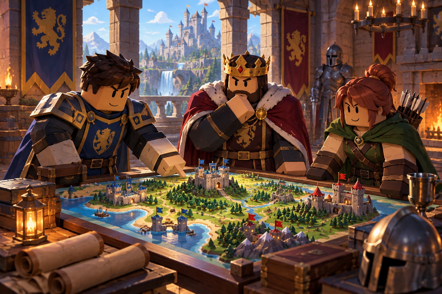 Commanders studying a map in a torch-lit war council