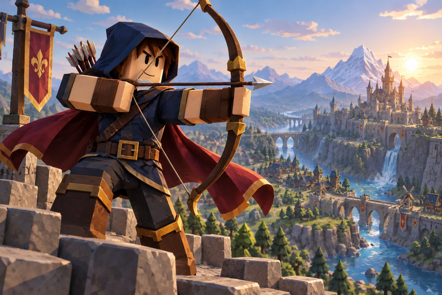 Archer drawing a longbow above the valley