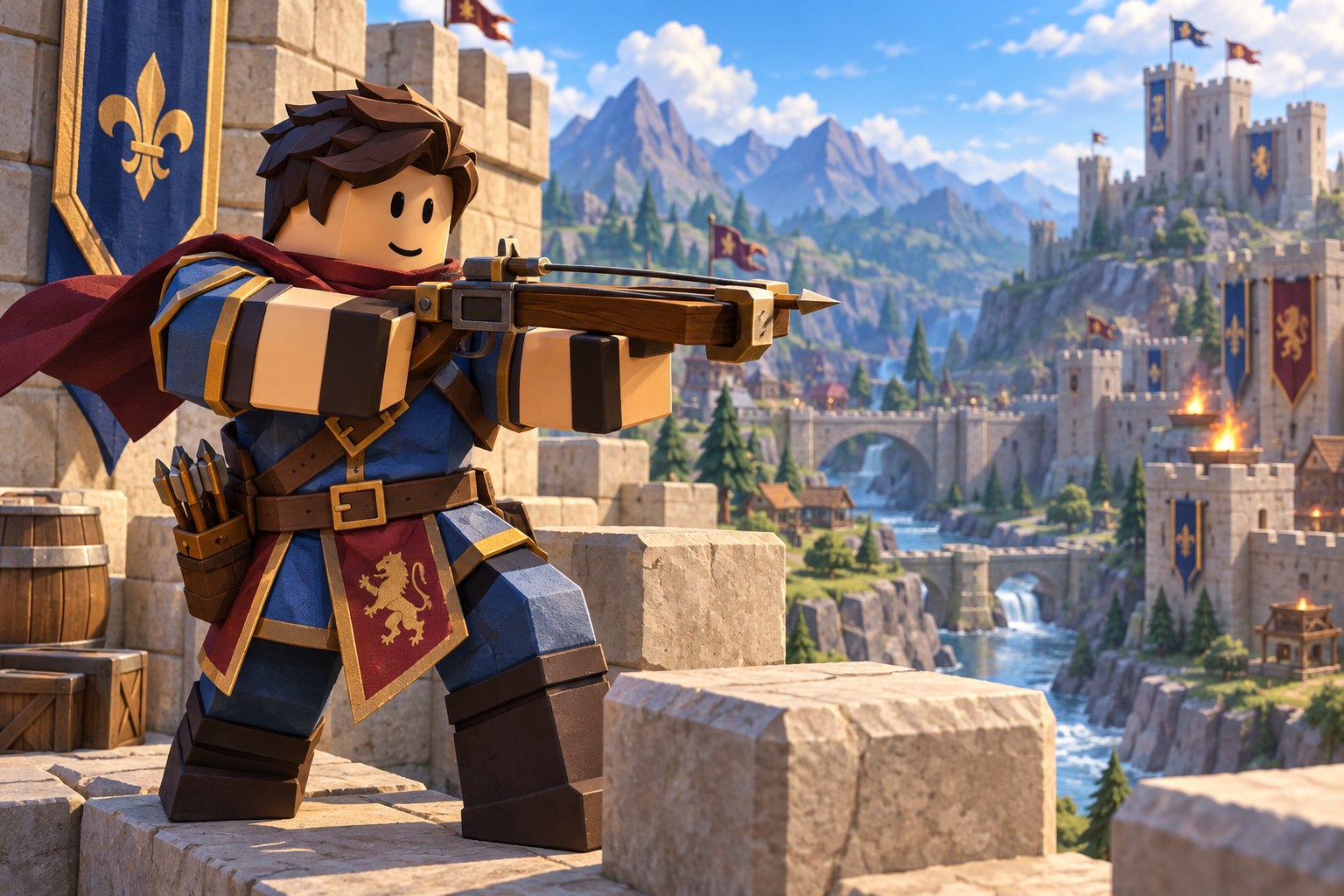 Crossbowman aiming from a stone battlement