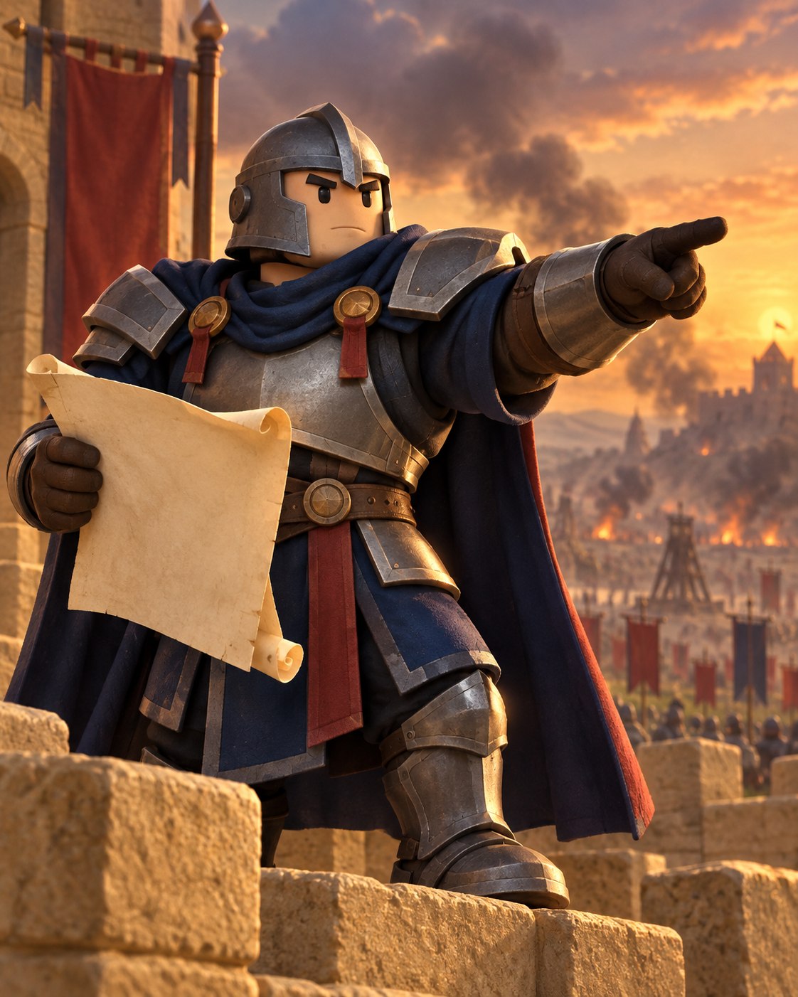Navy-cloaked commander studying a battle map