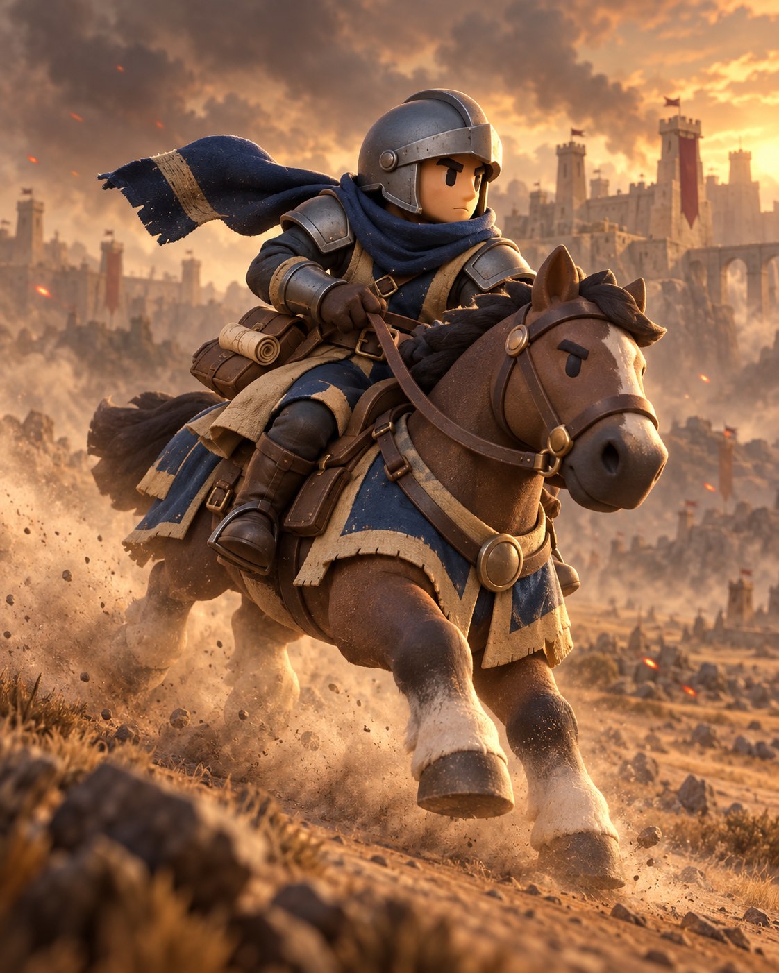 Mounted scout racing across a dusty field